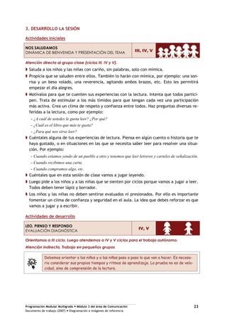 Programación Modular Multigrado Módulo 3 del área de Comunicación
Documento de trabajo (2007) Diagramación e imágenes de referencia
23
3. DESARROLLO LA SESIÓN
Actividades iniciales
NOS SALUDAMOS
DINÁMICA DE BIENVENIDA Y PRESENTACIÓN DEL TEMA
III, IV, V
Atención directa al grupo clase (ciclos III, IV y V).
Saluda a los niños y las niñas con cariño, sin palabras, solo con mímica.
Propicia que se saluden entre ellos. También lo harán con mímica, por ejemplo: una son-
risa y un beso volado, una reverencia, agitando ambos brazos, etc. Esto les permitirá
empezar el día alegres.
Motívalos para que te cuenten sus experiencias con la lectura. Intenta que todos partici-
pen. Trata de estimular a los más tímidos para que tengan cada vez una participación
más activa. Crea un clima de respeto y confianza entre todos. Haz preguntas diversas re-
feridas a la lectura, como por ejemplo:
- ¿A cuál de ustedes le gusta leer? ¿Por qué?
- ¿Cuál es el libro que más te gusta?
- ¿Para qué nos sirve leer?
Cuéntales alguna de tus experiencias de lectura. Piensa en algún cuento o historia que te
haya gustado, o en situaciones en las que se necesita saber leer para resolver una situa-
ción. Por ejemplo:
- Cuando estamos yendo de un pueblo a otro y tenemos que leer letreros y carteles de señalización.
- Cuando recibimos una carta.
- Cuando compramos algo, etc.
Cuéntales que en esta sesión de clase vamos a jugar leyendo.
Luego pide a los niños y a las niñas que se sienten por ciclos porque vamos a jugar a leer.
Todos deben tener lápiz y borrador.
Los niños y las niñas no deben sentirse evaluados ni presionados. Por ello es importante
fomentar un clima de confianza y seguridad en el aula. La idea que debes reforzar es que
vamos a jugar y a escribir.
Actividades de desarrollo
LEO, PIENSO Y RESPONDO
EVALUACIÓN DIAGNÓSTICA
IV, V
Orientamos a III ciclo. Luego atendemos a IV y V ciclos para el trabajo autónomo.
Atención indirecta. Trabajo en pequeños grupos
Debemos orientar a los niños y a las niñas paso a paso lo que van a hacer. Es necesa-
rio considerar sus propios tiempos y ritmos de aprendizaje. La prueba no es de velo-
cidad, sino de comprensión de la lectura.
 
