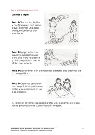 Programación Modular Multigrado Módulo 3 del área de Comunicación
Documento de trabajo (2007) Diagramación e imágenes de referencia
33
Sigue la ficha Palabreando para el ciclo III
¡Vamos a jugar!
Paso Tiramos la piedrita
y nos fijamos en qué sílaba
cayó, decimos una pala-
bra que comience con
esa sílaba.
Paso Luego le toca al
siguiente jugador o juga-
dora que tirará la piedrita
y dirá una palabra con la
sílaba que le tocó.
Paso Escuchamos con atención las palabras que decimos pa-
ra no repetirlas.
Paso Creamos oraciones
con las palabras que hemos
dicho y las copiamos en un
papelógrafo.
Al terminar, llevamos los papelógrafos y los pegamos en el sec-
tor de producción de Comunicación Integral.
 