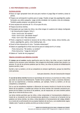 MODELO DE ATENCIÓN EDUCATIVA PARA LA PRIMARIA MULTIGRADO
Documento de trabajo para validación 2007 Diagramación e imágenes de referencia
36
2. NOS PREPARAMOS PARA LA SESIÓN
Acciones previas
Busca un lugar apropiado fuera del aula para realizar el juego Digo mi nombre y lanzo la
pelota.
Prepara con anticipación la pelota para el juego. Puedes arrugar dos papelógrafos usados
formando una esfera pequeña, luego enrolla alrededor de la pelota cinta de embalaje.
También puedes preparar una pelota de trapo.
Corta tarjetas de cartulina de 15 x 10 cm para III ciclo.
Prepara las letras móviles.
Preocúpate por que todos los niños y las niñas tengan el cuaderno de trabajo multigrado
1 de Comunicación Integral, ficha 3.
- Ficha 1 de III ciclo “Mi nombre”.
- Ficha 1 de IV ciclo “¿De dónde vienes?”
- Ficha 1 de V ciclo “Nos conocemos”.
Prevé y organiza el material al alcance de los niños y niñas: textos, letras móviles, plu-
mones, papelógrafos, goma, cinta masking tape, etc.
Prevé la ficha interactiva IV ciclo: “Carteles misteriosos”.
Elabora en papelógrafo la ficha instructivas para el trabajo de IV y V ciclos:
- Ficha instructiva: “Mi nombre, tu nombre”
- Ficha instructiva: “Juego de memoria”
Elabora el “cartel de mis progresos”.
Algunos conceptos que debemos recordar
El trabajo con el nombre resulta significativo para los niños y las niñas, ya que a través del
nombre se les reconoce como individuos. Está cargado de afectividad, porque hace alusión a su
persona. Es una de las primeras palabras que los niños y las niñas en proceso de alfabetización
quieren escribir y leer.
Escribir y leer su nombre y el de sus compañeros es siempre significativo, porque los identifica
como personas.
Guía para docentes. Área de Comunicación Integral
El uso de las letras móviles favorece el aprendizaje de la lectura y la escritura en niños y niñas
que están en proceso de alfabetización. Pueden formar palabras, frases u oraciones relaciona-
das con sus experiencias y vivencias cotidianas, por ejemplo, formar su nombre y el de sus
compañeros y compañeras.
Con su uso los estudiantes empiezan a diferenciar de manera intuitiva la función de las letras
dentro de las palabras. A medida que utilicen las letras móviles irán tomando conciencia pro-
gresiva de las sílabas y las letras en las palabras, uso de mayúsculas; así como también podrán
pasar de un nivel de escritura a otro.
Las letras móviles permiten que los niños y niñas comprendan el funcionamiento alfabético a
través de su vinculación con las microestructuras (grafemas). A través de la formación de las
palabras con letras móviles, los niños y niñas descubren el funcionamiento del código alfabéti-
co a través de la confrontación de sus propias hipótesis de escritura y van estableciendo regula-
ridades como “cuando se cambia una letra ya no dice lo mismo”.
 
