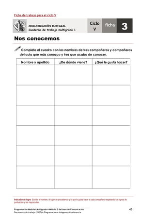 Programación Modular Multigrado Módulo 3 del área de Comunicación
Documento de trabajo (2007) Diagramación e imágenes de referencia
45
Ficha de trabajo para el ciclo V
Nos conocemos
Completo el cuadro con los nombres de tres compañeros y compañeras
del aula que más conozco y tres que acabo de conocer.
Nombre y apellido ¿De dónde viene? ¿Qué le gusta hacer?
Indicador de logro: Escribe el nombre, el lugar de procedencia y lo que le gusta hacer a cada compañero respetando los signos de
puntuación y las mayúsculas.
COMUNICACIÓN INTEGRAL
Cuaderno de trabajo multigrado 1
Ciclo
V
ficha
3
 
