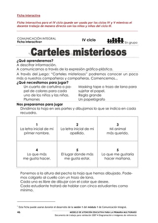 MODELO DE ATENCIÓN EDUCATIVA PARA LA PRIMARIA MULTIGRADO
Documento de trabajo para validación 2007 Diagramación e imágenes de referencia
46
Ficha interactiva
Ficha interactiva para el IV ciclo (puede ser usada por los ciclos IV y V mientras el
docente trabaja de manera directa con los niños y niñas del ciclo III.
COMUNICACIÓN INTEGRAL
Ficha interactiva
IV ciclo
En grupo
¿Qué aprenderemos?
A descifrar información.
A comunicarnos a través de la expresión gráfico-plástica.
A través del juego: “Carteles misteriosos” podremos conocer un poco
más a nuestros compañeros y compañeras. Comencemos...
¿Qué necesitamos para jugar?
Un cuarto de cartulina o pa-
pel de colores para cada
uno de los niños y las niñas.
Plumones
Masking tape o trozo de lana para
sujetar el papel.
Regla grande
Un papelógrafo
Nos preparamos para jugar
Dividimos la hoja en seis partes y dibujamos lo que se indica en cada
recuadro.
1
La letra inicial de mi
primer nombre.
2
La letra inicial de mi
apellido.
3
Mi animal
más querido.
4
Lo que más
me gusta hacer.
5
El lugar donde más
me gusta estar.
5
Lo que me gustaría
hacer mañana.
Ponemos a la altura del pecho la hoja que hemos dibujado. Pode-
mos colgarlo al cuello con un trozo de lana.
Cada uno es libre de dibujar con el color que desee.
Cada estudiante tratará de hablar con cinco estudiantes como
mínimo.
Esta ficha puede usarse durante el desarrollo de la sesión 1 del módulo 1 de Comunicación Integral.
 