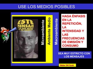 USE LOS MEDIOS POSIBLES

                   HAGA ÉNFASIS
                   EN LA
                   REPETICIÓN,
                   LA
                   INTENSIDAD Y
                   LAS
                   FRECUENCIAS
                   DE EMISIÓN Y
                   CONSUMO

                SEA MUY ESTRICTO CON
                    LOS MENSAJES


                 Walter Dill Scott
 