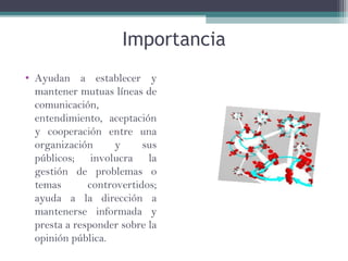 Importancia
• Ayudan a establecer y
mantener mutuas líneas de
comunicación,
entendimiento, aceptación
y cooperación entre una
organización y sus
públicos; involucra la
gestión de problemas o
temas controvertidos;
ayuda a la dirección a
mantenerse informada y
presta a responder sobre la
opinión pública.
 