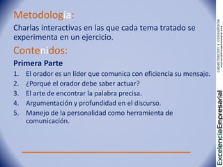 Metodología:
Charlas interactivas en las que cada tema tratado se
experimenta en un ejercicio.
Contenidos:
Primera Parte
1. El orador es un líder que comunica con eficiencia su mensaje.
2. ¿Porqué el orador debe saber actuar?
3. El arte de encontrar la palabra precisa.
4. Argumentación y profundidad en el discurso.
5. Manejo de la personalidad como herramienta de
comunicación.
 
