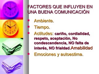 FACTORES QUE INFLUYEN EN
UNA BUENA COMUNICACIÓN
   Ambiente.
   Tiempo.
   Actitudes: cariño, cordialidad,
    respeto, aceptación, No
    condescendencia, NO falta de
    interés, NO frialdad.Amabilidad
   Emociones y autoestima.
 