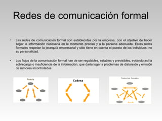 Redes de comunicación formal
• Las redes de comunicación formal son establecidas por la empresa, con el objetivo de hacer
llegar la información necesaria en le momento preciso y a la persona adecuada. Estas redes
formales respetan la jerarquía empresarial y sólo tiene en cuenta el puesto de los individuos, no
su personalidad.
• Los flujos de la comunicación formal han de ser regulables, estables y previsibles, evitando así la
sobrecarga o insuficiencia de la información, que daría lugar a problemas de distorsión y omisión
de rumores incontrolados
 