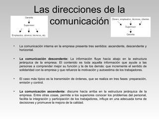 Las direcciones de la
comunicación
• La comunicación interna en la empresa presenta tres sentidos: ascendente, descendente y
horizontal.
• La comunicación descendente: La información fluye hacía abajo en la estructura
jerárquica de la empresa. El contenido es toda aquella información que ayude a las
personas a comprender mejor su función y la de los demás: que incremente el sentido de
solidaridad con la empresa y que refuerze la motivación y autoestima de los trabajadores.
• El caso más típico es la transmisión de órdenes, que se realiza en tres fases: preparación,
emisión y control.
• La comunicación ascendente: discurre hacía arriba en la estructura jerárquica de la
empresa. Entre otras cosas, permite a los superiores conocer los problemas del personal,
facilita la integración y participación de los trabajadores, influye en una adecuada toma de
decisiones y promueve la mejora de la calidad.
 