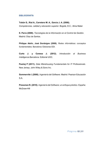P á g i n a 68 | 81
BIBLIOGRAFÍA
Tobón S., Rial A., Carretero M. A., García J. A. (2006).
Competencias, calidad y educación superior. Bogotá, D.C.: Alma Mater
E. Parra (2008). Tecnologías de la Información en el Control de Gestión.
Madrid: Díaz de Santos.
Philippe Atelin, José Dordoigne (2008). Redes informáticas: conceptos
fundamentales. Barcelona: Ediciones EDI.
Curto J. y Conesa J. (2012). Introducción al Business
Intelligence.Barcelona: Editorial UOC.
Paulraj P (2011). Data Warehousing Fundamentals for IT Professionals.
New Jersey: John Wiley & Sons Inc.
Sommervile I. (2006). Ingeniería del Software. Madrid: Pearson Educación
S.A.
Pressman R. (2010). Ingeniería del Software; un enfoque práctico. España:
McGraw-Hill
 