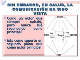 SIN EMBARGO, EN SALUD, LASIN EMBARGO, EN SALUD, LA
COMUNICACIÓN HA SIDOCOMUNICACIÓN HA SIDO
VISTAVISTA
Como un actor queComo un actor que
siempre existió,siempre existió,
pero nunca fuepero nunca fue
reconocido comoreconocido como
principalprincipal
Más como soporte enMás como soporte en
segundo plano quesegundo plano que
como actor principalcomo actor principal
 