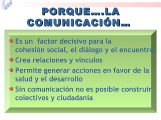 PORQUE….LAPORQUE….LA
COMUNICACIÓN…COMUNICACIÓN…
Es un factor decisivo para la
cohesión social, el diálogo y el encuentro
Crea relaciones y vínculos
Permite generar acciones en favor de la
salud y el desarrollo
Sin comunicación no es posible construir
colectivos y ciudadanía
 