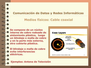 Se compone de un núcleo
interno de cobre rodeado de
aislamiento plástico, luego
un blindaje o malla de cobre
y en la parte más externa,
otra cubierta plástica.
El blindaje o malla de cobre
evita interferencias
eléctricas.
Ejemplos: Antena de Televisión
Medios físicos: Cable coaxial
Comunicación de Datos y Redes Informáticas
 