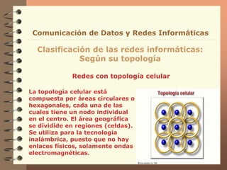 Redes con topología celular
Clasificación de las redes informáticas:
Según su topología
Comunicación de Datos y Redes Informáticas
La topología celular está
compuesta por áreas circulares o
hexagonales, cada una de las
cuales tiene un nodo individual
en el centro. El área geográfica
se dividide en regiones (celdas).
Se utiliza para la tecnología
inalámbrica, puesto que no hay
enlaces físicos, solamente ondas
electromagnéticas.
 