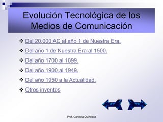 Evolución Tecnológica de los
  Medios de Comunicación
 Del 20.000 AC al año 1 de Nuestra Era.
 Del año 1 de Nuestra Era al 1500.
 Del año 1700 al 1899.
 Del año 1900 al 1949.
 Del año 1950 a la Actualidad.
 Otros inventos



                   Prof. Carolina Quinodóz
 