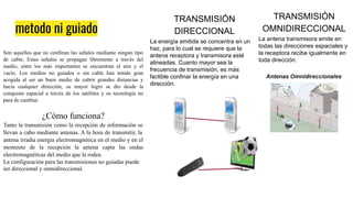 metodo ni guiado
Son aquellos que no confinan las señales mediante ningún tipo
de cable; Estas señales se propagan libremente a través del
medio, entre los más importantes se encuentran el aire y el
vacío. Los medios no guiados o sin cable han tenido gran
acogida al ser un buen medio de cubrir grandes distancias y
hacia cualquier dirección, su mayor logro se dio desde la
conquista espacial a través de los satélites y su tecnología no
para de cambiar.
¿Cómo funciona?
Tanto la transmisión como la recepción de información se
llevan a cabo mediante antenas. A la hora de transmitir, la
antena irradia energía electromagnética en el medio y en el
momento de la recepción la antena capta las ondas
electromagnéticas del medio que la rodea.
La configuración para las transmisiones no guiadas puede
ser direccional y omnidireccional.
TRANSMISIÓN
DIRECCIONAL
La energía emitida se concentra en un
haz, para lo cual se requiere que la
antena receptora y transmisora esté
alineadas. Cuanto mayor sea la
frecuencia de transmisión, es más
factible confinar la energía en una
dirección.
TRANSMISIÓN
OMNIDIRECCIONAL
La antena transmisora emite en
todas las direcciones espaciales y
la receptora recibe igualmente en
toda dirección.
 