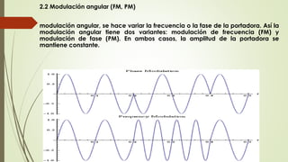 2.2 Modulación angular (FM, PM)
modulación angular, se hace variar la frecuencia o la fase de la portadora. Así la
modulación angular tiene dos variantes: modulación de frecuencia (FM) y
modulación de fase (PM). En ambos casos, la amplitud de la portadora se
mantiene constante.
 