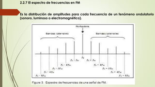 2.2.7 El espectro de frecuencias en FM
Es la distribución de amplitudes para cada frecuencia de un fenómeno ondulatorio
(sonoro, luminoso o electromagnético).
 