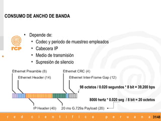 CONSUMO DE ANCHO DE BANDA


       • Depende de:
          • Codec y periodo de muestreo empleados
          • Cabecera IP
          • Medio de transmisión
          • Supresión de silencio



                                  98 octetos / 0.020 segundos * 8 bit = 39,200 bps


                                        8000 hertz * 0.020 seg / 8 bit = 20 octetos



                                                                                 31/48
 
