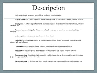 Descripcion
La descripción de personas se establece mediante tres tipologías:
Prosográficas: Está conformado por los detalles del aspecto físico: altura, peso, color de ojos, etc.
Etopéyicas: Se refiere específicamente a una descripción de carácter moral: honestidad, relación
afectiva, etc.
Retrato: Es un análisis global de la personalidad, en la que se combinan los aspectos físicos y
morales.
La descripción de las escenas puede ser de cinco tipos:
Pictográfica: El objeto y el sujeto se encuentran inmóviles, y para describir la escena, se debe
recurrir a la luz y al color.
Cronográfica: Es la descripción del tiempo. Por ejemplo: Servicio meteorológico.
Topográfica: El sujeto que se describe está en movimiento y el objeto descrito inmóvil.
Cinematográfica: El sujeto se halla inmóvil y el objeto descrito se eleva ante él, o cuando ambos
(sujeto y objeto) se hallan en movimiento.
Caracterográfica: Es de tipo colectiva y puede involucrar a grupos sociales, organizaciones, etc.
 