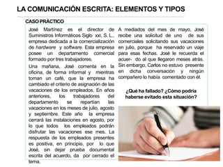 89
José Martínez es el director de
Suministros Informáticos Siglo xxi, S. L.,
empresa dedicada a la comercialización
de hardware y software. Esta empresa
posee un departamento comercial
formado por tres trabajadores.
Una mañana, José comenta en la
oficina, de forma informal y mientras
toman un café, que la empresa ha
cambiado el criterio de asignación de las
vacaciones de los empleados. En años
anteriores, los trabajadores del
departamento se repartían las
vacaciones en los meses de julio, agosto
y septiembre. Este año la empresa
cerrará las instalaciones en agosto, por
lo que todos los empleados podrán
disfrutar las vacaciones ese mes. La
respuesta de los empleados presentes
es positiva, en principio, por lo que
José, sin dejar prueba documental
escrita del acuerdo, da por cerrado el
tema.
A mediados del mes de mayo, José
recibe una solicitud de uno de sus
comerciales solicitando sus vacaciones
en julio, porque ha reservado un viaje
para esas fechas. José le recuerda el
acuer- do al que llegaron meses atrás.
Sin embargo, Carlos no estuvo presente
en dicha conversación y ningún
compañero lo había comentado con él.
¿Qué ha fallado? ¿Cómo podría
haberse evitado esta situación?
CASO PRÁCTICO
LA COMUNICACIÓN ESCRITA: ELEMENTOS Y TIPOS
 