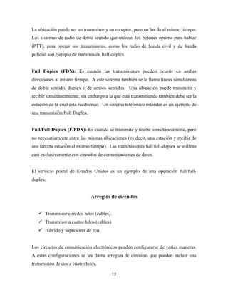 La ubicación puede ser un transmisor y un receptor, pero no los da al mismo tiempo.
Los sistemas de radio de doble sentido que utilizan los botones oprima para hablar
(PTT), para operar sus transmisores, como los radio de banda civil y de banda
policial son ejemplo de transmisión half-duplex.


Full Duplex (FDX): Es cuando las transmisiones pueden ocurrir en ambas
direcciones al mismo tiempo. A este sistema también se le llama líneas simultáneas
de doble sentido, duplex o de ambos sentidos. Una ubicación puede transmitir y
recibir simultáneamente, sin embargo a la que está transmitiendo también debe ser la
estación de la cual esta recibiendo. Un sistema telefónico estándar es un ejemplo de
una transmisión Full Duplex.


Full/Full-Duplex (F/FDX): Es cuando se transmite y recibe simultáneamente, pero
no necesariamente entre las mismas ubicaciones (es decir, una estación y recibir de
una tercera estación al mismo tiempo). Las transmisiones full/full-duplex se utilizan
casi exclusivamente con circuitos de comunicaciones de datos.


El servicio postal de Estados Unidos es un ejemplo de una operación full/full-
duplex.


                               Arreglos de circuitos


    Transmisor con dos hilos (cables).
    Transmisor a cuatro hilos (cables).
    Hibrido y supresores de eco.


Los circuitos de comunicación electrónicos pueden configurarse de varias maneras.
A estas configuraciones se les llama arreglos de circuitos que pueden incluir una
transmisión de dos a cuatro hilos.

                                          15
 