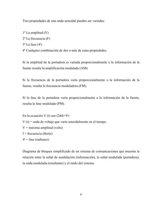 Tres propiedades de una onda senoidal pueden ser variadas:


1º La amplitud (V)
2º La frecuencia (F)
3º La fase ( θ )
4º Cualquier combinación de dos o más de estas propiedades.


Si la amplitud de la portadora es variada proporcionalmente a la información de la
fuente resulta la amplificación modulada (AM).


Si la frecuencia de la portadora varía proporcionalmente a la información de la
fuente, resulta la frecuencia moduladora (FM).


Si la fase de la portadora varía proporcionalmente a la información de la fuente,
resulta la fase modulada (PM).


En la ecuación V (t) sen (2πft+ θ )
V (t) = onda de voltaje que varia senoidalmente en el tiempo.
V = máxima amplitud (volts)
f = frecuencia (Hertz)
θ = fase (radianes)


Diagrama de bloques simplificado de un sistema de comunicaciones que muestra la
relación entre la señal de modulación (información), la señal modulada (portadora),
la onda modulada (resultante) y el ruido del sistema.




                                          6
 