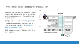 Unidades de dato de protocolo y encapsulación
A medida que los datos de una aplicación son
pasados hacia abajo en la pila de protocolos,
varios protocolos suman información en su
respectiva capa.
Este proceso se conoce como encapsulación.
La forma que toma cada pieza de datos en
cada capa recibe el nombre de unidad de
dato de protocolo (PDU).
Cada capa encapsula el PDU que recibe de su
capa superior.
 