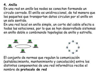 4. Anillo
En una red en anillo los nodos se conectan formando un
circulo cerrado. El anillo es unidireccional, de tal manera que
los paquetes que transportan datos circulan por el anillo en
un solo sentido.
En una red local en anillo simple, un corte del cable afecta a
todas las estaciones, por lo que se han desarrollado sistemas
en anillo doble o combinando topologías de anillo y estrella.




El conjunto de normas que regulan la comunicación
(establecimiento, mantenimiento y cancelación) entre los
distintos componentes de una red informática recibe el
nombre de protocolo de red
 