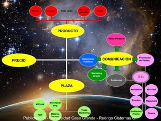 PRODUCTO COMUNICACIÓN PRECIO Venta Personal Promoción de Ventas Relaciones Públicas Envase 1-800 Marca  BTL Teams Activación Placement Mkt Viral Publicidad PLAZA Eventos Ambientes Promo Trade Marketing Vitrinas POP Material Promoc. Merchandising Marketing directo  Servicio/ atención Post venta Publicidad IV- Universidad Casa Grande - Rodrigo Cisternas O. 