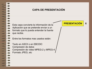  Esta capa convierte la información de la Aplicación que se pretende enviar a un formato que lo pueda entender la fuente que recibe.   Entre los formatos mas usados están:   Texto en ASCII o en EBCDIC Compresión de datos Compresión de video MPEG-2 y MPEG-4 Formato JPEG, etc   CAPA DE PRESENTACIÓN PRESENTACIÓN 6 