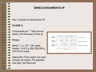 Hay 4 clases de direcciones IP:   CLASE A   Compuesta por  7 bits para el netid y 24 bits para el host id.   Rango:   Netid = 1 a 127, 126 redes Hostid = 0.0.0 a 255.255.255 o 16777214 hosts.   Aplicación: Para redes con gran número de Hosts. Por ejemplo una gran red Nacional DIRECCIONAMIENTO IP  