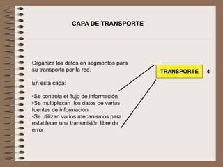 Organiza los datos en segmentos para
su transporte por la red.
En esta capa:
•Se controla el flujo de información
•Se multiplexan los datos de varias
fuentes de información
•Se utilizan varios mecanismos para
establecer una transmisión libre de
error
CAPA DE TRANSPORTE
TRANSPORTE 4
 