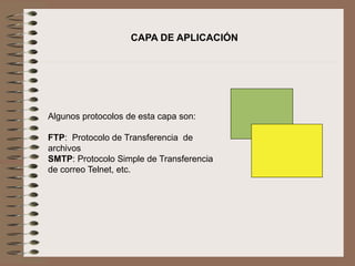Algunos protocolos de esta capa son:
FTP: Protocolo de Transferencia de
archivos
SMTP: Protocolo Simple de Transferencia
de correo Telnet, etc.
CAPA DE APLICACIÓN
 