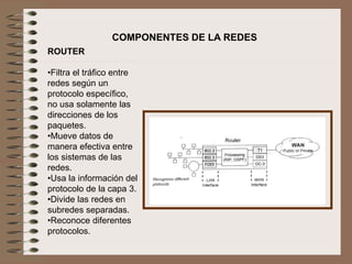 ROUTER
•Filtra el tráfico entre
redes según un
protocolo específico,
no usa solamente las
direcciones de los
paquetes.
•Mueve datos de
manera efectiva entre
los sistemas de las
redes.
•Usa la información del
protocolo de la capa 3.
•Divide las redes en
subredes separadas.
•Reconoce diferentes
protocolos.
COMPONENTES DE LA REDES
 