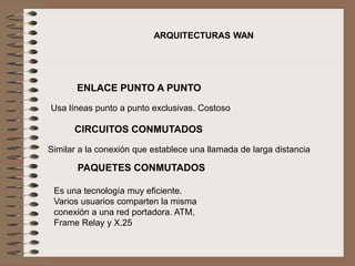 Usa líneas punto a punto exclusivas. Costoso
ENLACE PUNTO A PUNTO
ARQUITECTURAS WAN
CIRCUITOS CONMUTADOS
Similar a la conexión que establece una llamada de larga distancia
PAQUETES CONMUTADOS
Es una tecnología muy eficiente.
Varios usuarios comparten la misma
conexión a una red portadora. ATM,
Frame Relay y X.25
 