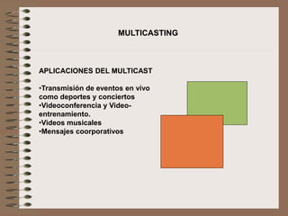 MULTICASTING
APLICACIONES DEL MULTICAST
•Transmisión de eventos en vivo
como deportes y conciertos
•Videoconferencia y Video-
entrenamiento.
•Videos musicales
•Mensajes coorporativos
 