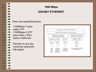 Tiene dos especificaciones:
•1000Base-T para
cable UTP
•1000Base-X STP
para cobre y fibra
óptica multimodo
Permite en sus dos
versiones operación
full-duplex
1000 Mbps
GIGABIT ETHERNET
 
