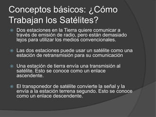 Conceptos básicos: ¿Cómo
Trabajan los Satélites?
 Dos estaciones en la Tierra quiere comunicar a
través de emisión de radio, pero están demasiado
lejos para utilizar los medios convencionales.
 Las dos estaciones puede usar un satélite como una
estación de retransmisión para su comunicación
 Una estación de tierra envía una transmisión al
satélite. Esto se conoce como un enlace
ascendente.
 El transponedor de satélite convierte la señal y la
envía a la estación terrena segundo. Esto se conoce
como un enlace descendente.
 