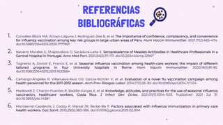 REFERENCIAS
BIBLIOGRÁFICAS
1. González-Block MÁ, Arroyo-Laguna J, Rodríguez-Zea B, et al. The importance of confidence, complacency, and convenience
for influenza vaccination among key risk groups in large urban areas of Peru. Hum Vaccin Immunother. 2021;17(2):465-474.
doi:10.1080/21645515.2020.1777821
2. Navarro Morales G, Shapovalova O, Sacadura-Leite E. Seroprevalence of Measles Antibodies in Healthcare Professionals in a
Central Hospital in Portugal. Acta Med Port. 2021;34(2):111-117. doi:10.20344/amp.12907
3. Tognetto A, Zorzoli E, Franco E, et al. Seasonal influenza vaccination among health-care workers: the impact of different
tailored programs in four University hospitals in Rome. Hum Vaccin Immunother. 2020;16(1):81-85.
doi:10.1080/21645515.2019.1632684
4. Camargo-Ángeles R, Villanueva-Ruiz CO, García-Román V, et al. Evaluation of a novel flu vaccination campaign among
health personnel for the 2011-2012 season. Arch Prev Riesgos Labor. 2014;17(1):26-30. doi:10.12961/aprl.2014.17.1.04
5. Madewell Z, Chacón-Fuentes R, Badilla-Vargas X, et al. Knowledge, attitudes, and practices for the use of seasonal influenza
vaccination, healthcare workers, Costa Rica. J Infect Dev Ctries. 2021;15(7):1004-1013. Published 2021 Jul 31.
doi:10.3855/jidc.14381
6. Montserrat-Capdevila J, Godoy P, Marsal JR, Barbé-Illa F. Factors associated with influenza immunization in primary care
health workers. Gac Sanit. 2015;29(5):383-386. doi:10.1016/j.gaceta.2015.02.004
 