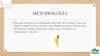 METODOLOGÍA
• Búsqueda sistemática de la bibliografía disponible de los últimos 5 años, en
Español e Inglés, de bases de datos como Pubmed y Scopus. Palabras clave
de búsqueda: suicidio, enfermeras, suicide, nurses. Finalmente se
seleccionaron 3 artículos.
 