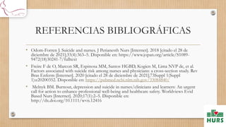 REFERENCIAS BIBLIOGRÁFICAS
• Odom-Forren J. Suicide and nurses. J Perianesth Nurs [Internet]. 2018 [citado el 28 de
diciembre de 2021];33(4):363–5. Disponible en: https://www.jopan.org/article/S1089-
9472(18)30241-7/fulltext
• Freire F de O, Marcon SR, Espinosa MM, Santos HGBD, Kogien M, Lima NVP de, et al.
Factors associated with suicide risk among nurses and physicians: a cross-section study. Rev
Bras Enferm [Internet]. 2020 [citado el 28 de diciembre de 2021];73Suppl 1(Suppl
1):e20200352. Disponible en: https://pubmed.ncbi.nlm.nih.gov/33084840/
• Melnyk BM. Burnout, depression and suicide in nurses/clinicians and learners: An urgent
call for action to enhance professional well-being and healthcare safety. Worldviews Evid
Based Nurs [Internet]. 2020;17(1):2–5. Disponible en:
http://dx.doi.org/10.1111/wvn.12416
 