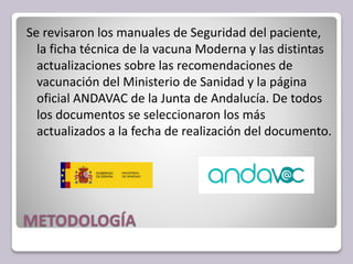 METODOLOGÍA
Se revisaron los manuales de Seguridad del paciente,
la ficha técnica de la vacuna Moderna y las distintas
actualizaciones sobre las recomendaciones de
vacunación del Ministerio de Sanidad y la página
oficial ANDAVAC de la Junta de Andalucía. De todos
los documentos se seleccionaron los más
actualizados a la fecha de realización del documento.
 