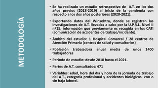 METODOLOGÍA
• Se ha realizado un estudio retrospectivo de A.T. en los dos
años previos (2018-2019) al inicio de la pandemia con
respecto a los dos años posteriores (2020-2021).
• Exportando datos del Winsehtra, donde se registran las
investigaciones de A.T. llevadas a cabo por la U.P.R.L. Nivel II
nº15, información que previamente es recogida en los CATI
(comunicación de accidentes de trabajo/incidente).
• Ámbito del estudio: 1 Hospital Comarcal / 28 centros de
Atención Primaria (centros de salud y consultorios)
• Población trabajadora anual media de unos 1400
trabajadores.
• Periodo de estudio: desde 2018 hasta el 2021.
• Partes de A.T. consultados: 471
• Variables: edad, hora del día y hora de la jornada de trabajo
del A.T., categoría profesional y accidentes biológicos con o
sin baja laboral.
 
