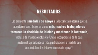 RESULTADOS
Las siguientes medidas de apoyo a la lactancia materna que se
adoptaron contribuyeron a que más madres trabajadoras
tomaran la decisión de iniciar y mantener la lactancia,
incluso de manera exclusiva1,3, tras incorporarse de la baja
maternal, apreciándose más participación a medida que
aumentaban las intervenciones de apoyo3.
 