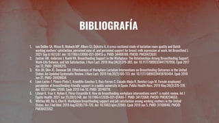 BIBLIOGRAFÍA
1. van Dellen SA, Wisse B, Mobach MP, Albers CJ, Dijkstra A. A cross-sectional study of lactation room quality and Dutch
working mothers' satisfaction, perceived ease of, and perceived support for breast milk expression at work. Int Breastfeed J.
2021 Sep 6;16(1):67. doi: 10.1186/s13006-021-00415-y. PMID: 34488788; PMCID: PMC8422697.
2. Jantzer AM, Anderson J, Kuehl RA. Breastfeeding Support in the Workplace: The Relationships Among Breastfeeding Support,
Work-Life Balance, and Job Satisfaction. J Hum Lact. 2018 May;34(2):379-385. doi: 10.1177/0890334417707956. Epub 2017
Jun 13. PMID: 28609215.
3. Kim JH, Shin JC, Donovan SM. Effectiveness of Workplace Lactation Interventions on Breastfeeding Outcomes in the United
States: An Updated Systematic Review. J Hum Lact. 2019 Feb;35(1):100-113. doi: 10.1177/0890334418765464. Epub 2018
Jun 21. PMID: 29928834.
4. Leon-Larios F, Pinero-Pinto E, Arnedillo-Sanchez S, Ruiz-Ferron C, Casado-Mejia R, Benitez-Lugo M. Female employees'
perception of breastfeeding-friendly support in a public university in Spain. Public Health Nurs. 2019 May;36(3):370-378.
doi: 10.1111/phn.12590. Epub 2019 Feb 10. PMID: 30740776.
5. Litwan K, Tran V, Nyhan K, Pérez-Escamilla R. How do breastfeeding workplace interventions work?: a realist review. Int J
Equity Health. 2021 Jun 25;20(1):148. doi: 10.1186/s12939-021-01490-7. PMID: 34172068; PMCID: PMC8234653.
6. Whitley MD, Ro A, Choi B. Workplace breastfeeding support and job satisfaction among working mothers in the United
States. Am J Ind Med. 2019 Aug;62(8):716-726. doi: 10.1002/ajim.22989. Epub 2019 Jun 5. PMID: 31168846; PMCID:
PMC8423352.
 
