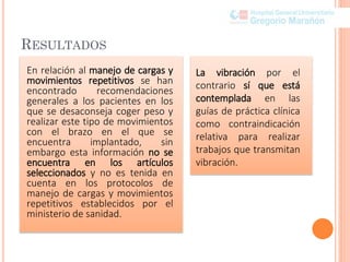 RESULTADOS
En relación al manejo de cargas y
movimientos repetitivos se han
encontrado recomendaciones
generales a los pacientes en los
que se desaconseja coger peso y
realizar este tipo de movimientos
con el brazo en el que se
encuentra implantado, sin
embargo esta información no se
encuentra en los artículos
seleccionados y no es tenida en
cuenta en los protocolos de
manejo de cargas y movimientos
repetitivos establecidos por el
ministerio de sanidad.
La vibración por el
contrario sí que está
contemplada en las
guías de práctica clínica
como contraindicación
relativa para realizar
trabajos que transmitan
vibración.
 