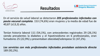En el servicio de salud laboral se detectaron 205 profesionales infectados con
pauta vacunal completa. 153 (74,6%) eran mujeres y la media de edad fue de
40,87 (±13,3) años.
Tenían historia laboral 111 (54,1%), con antecedentes registrados 29 (26,1%)
siendo prevalentes la diabetes y el hipotiroidismo en 6 profesionales, eran
fumadores 25 (22,9%) y presentaban obesidad/sobrepeso 51 (47,2%).
Los servicios con más profesionales infectados prestaban asistencia directa
189 (92,2%).
 