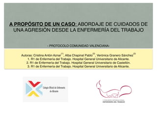A PROPÓSITO DE UN CASO: ABORDAJE DE CUIDADOS DE
UNA AGRESIÓN DESDE LA ENFERMERÍA DEL TRABAJO
- PROTOCOLO COMUNIDAD VALENCIANA-
Autoras: Cristina Antón Aznar
(1)
, Alba Chapinal Pablo
(2)
, Verónica Granero Sánchez
(3)
1. R1 de Enfermería del Trabajo. Hospital General Universitario de Alicante.
2. R1 de Enfermería del Trabajo. Hospital General Universitario de Castellón.
3. R1 de Enfermería del Trabajo. Hospital General Universitario de Alicante.
 