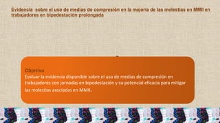 Objetivo
Evaluar la evidencia disponible sobre el uso de medias de compresión en
trabajadores con jornadas en bipedestación y su potencial eficacia para mitigar
las molestias asociadas en MMII.
Evidencia sobre el uso de medias de compresión en la mejoría de las molestias en MMII en
trabajadores en bipedestación prolongada
 