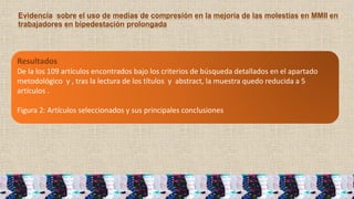 Evidencia sobre el uso de medias de compresión en la mejoría de las molestias en MMII en
trabajadores en bipedestación prolongada
Resultados
De la los 109 artículos encontrados bajo los criterios de búsqueda detallados en el apartado
metodológico y , tras la lectura de los títulos y abstract, la muestra quedo reducida a 5
artículos .
Figura 2: Artículos seleccionados y sus principales conclusiones
 