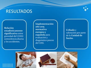RESULTADOS
Cribado y
valoración por parte
de la Unidad de
Sueño.
Implementación
año 2015
normativa
europea y
española para
evaluación y
diagnóstico precoz
del OAS.
Relación
estadísticamente
significativa entre
gravedad del (OAS)
somnolencia diurna
y los accidentes.
 